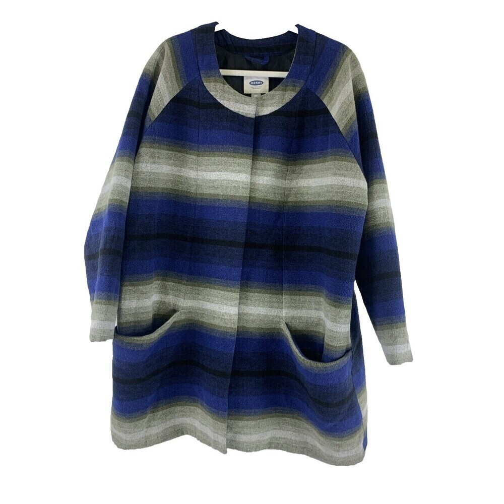 BOGO Old Navy Collarless Jacket Blue Gray Striped Snap Pocket Peacoat Women XXL